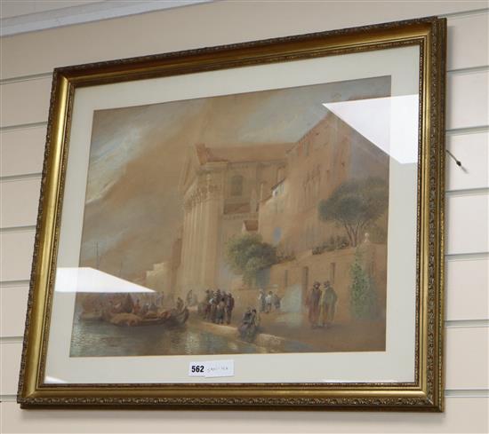 19th century English School, watercolour, Mediterranean harbour scene, 44 x 56cm